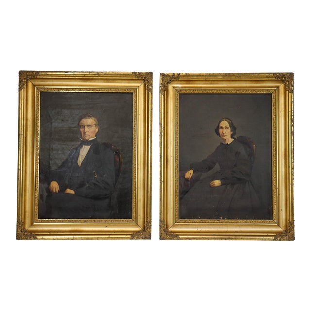 19th Century Victorian Oil Portrait Pendant Pair in Gilt Frames For Sale