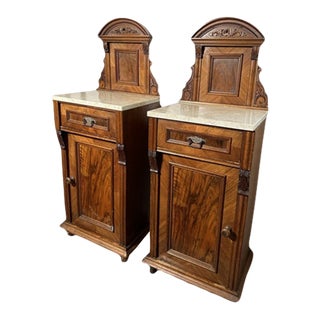 Late 19th Century Antique Victorian Nightstand Pair With Marble Tops For Sale