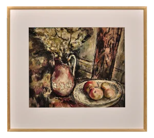 James Tower, Still Life of Flowers in a Jug and a Bowl of Apples, 1944, Watercolour, Framed