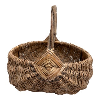 Earthy Rustic Vintage Basket With Stick Handle For Sale