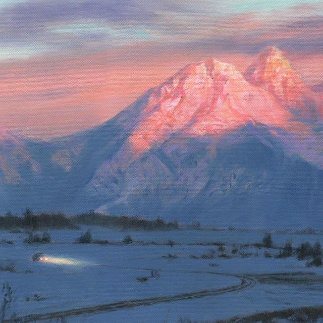 Last Light by Mark Harrison | Oil on canvas Mountain landscape at sunset with snow. For Sale - Image 4 of 5