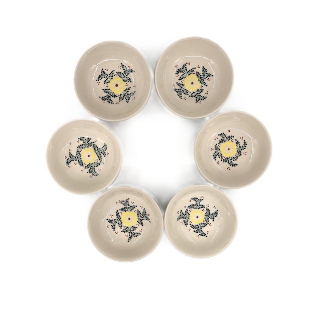 Yellow Asian Modern Bat Trang Vietnam Multipurpose Ceramic Bowls Hand Painted in Yellow Floral Motif - Set of 6 For Sale - Image 8 of 8