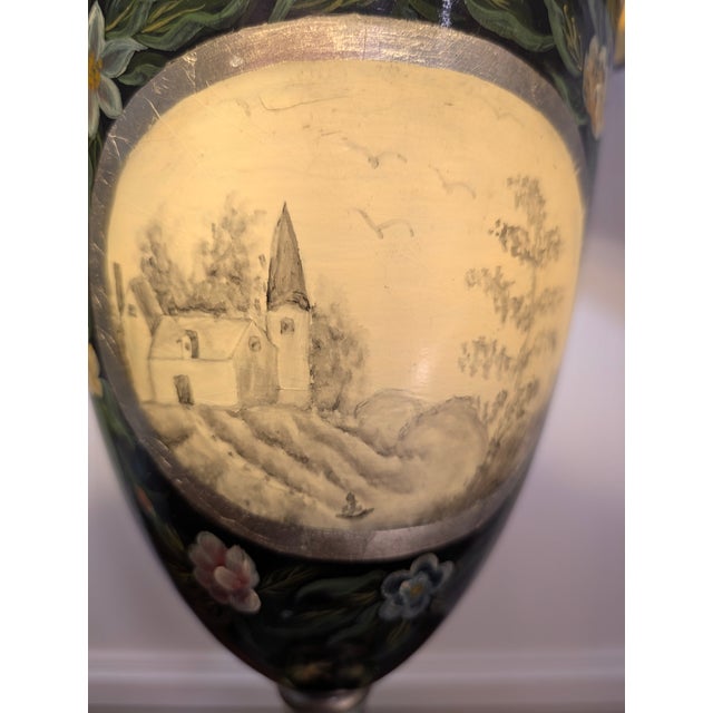 Large Vintage Hand-Painted Chinoiserie Black Lacquer Urn Table Lamp For Sale - Image 4 of 10