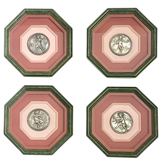 Set of 4 Vintage French Neoclassical Style Green and Pink Octagonal Framed Silver Cherub Medallions For Sale - Image 6 of 15