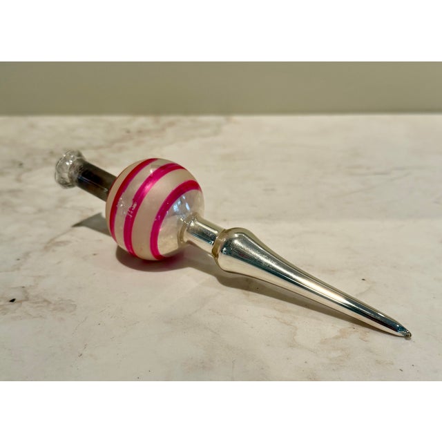 Fabulous mid-century small mercury glass tree topper in silver with white and pink banded stripes on the round base....