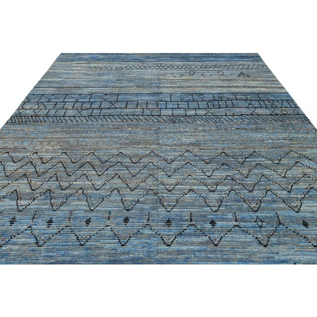 Modern Berber Blue: Hand-Woven Moroccan Style Abstract Wool Rug 9x13 For Sale - Image 11 of 12
