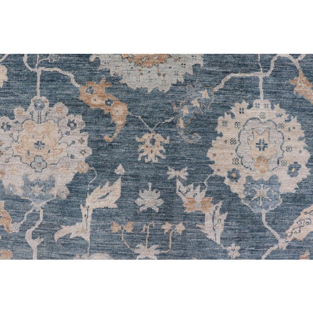 Blue Angora Turkish Oushak by Keivan Woven Arts Floral Design in Blue's For Sale - Image 8 of 11