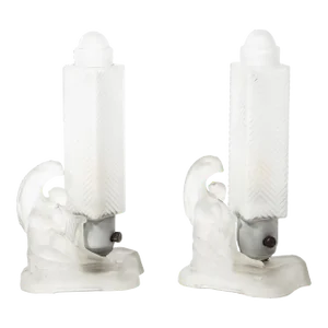Pair of 1930s Art Deco Frosted Glass Table Lamps With Draped Female & Zig Zag Motif
