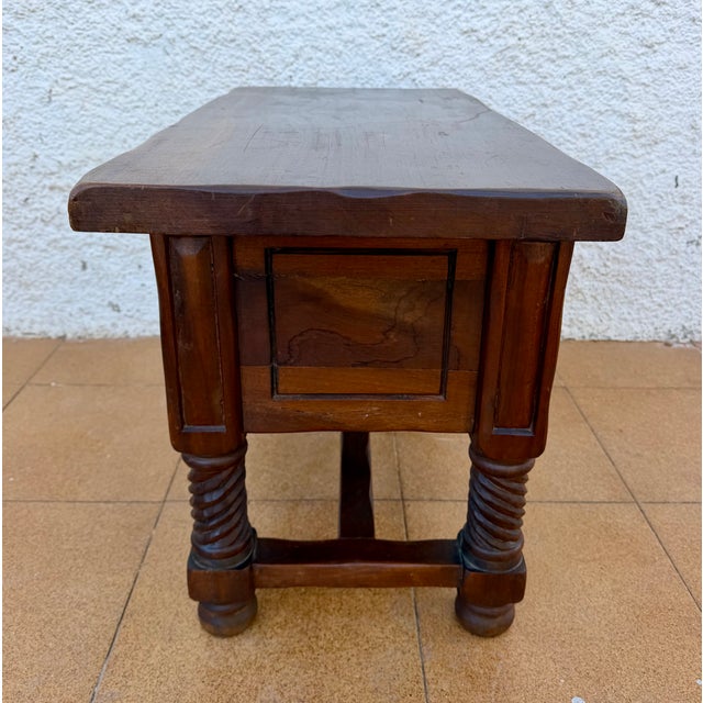 Spanish Carved Wood Side Table with Geometric Decoration and Spiral Legs, 1930 For Sale - Image 3 of 15