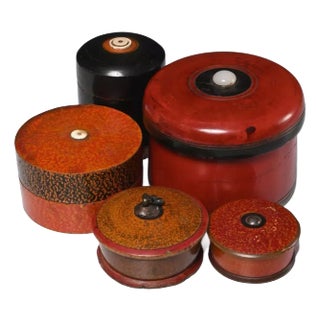 Indian Polychrome Lacquered Wooden Spice Boxes- A Set of 5 For Sale