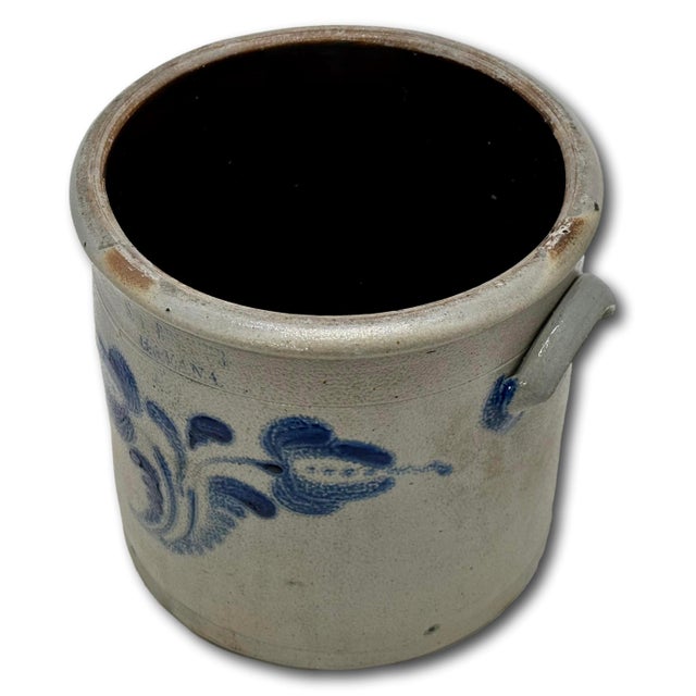 Excellent 1850s Antique American Blue 2 Gallon Flower Decorated Stoneware Jar by S. T. Brewer - Havana New York For Sale - Image 11 of 18