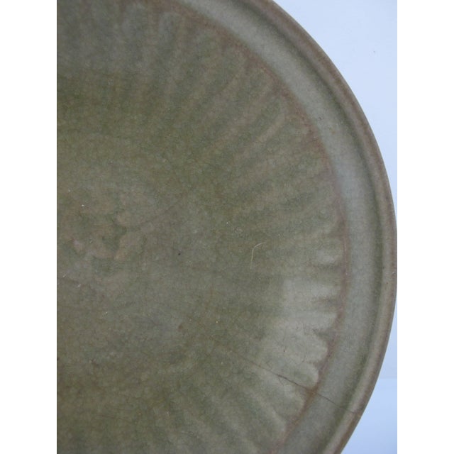 Chinese Longquan Ming Style Celadon Olive Green Fluted Shallow Bowl Dish For Sale - Image 4 of 9