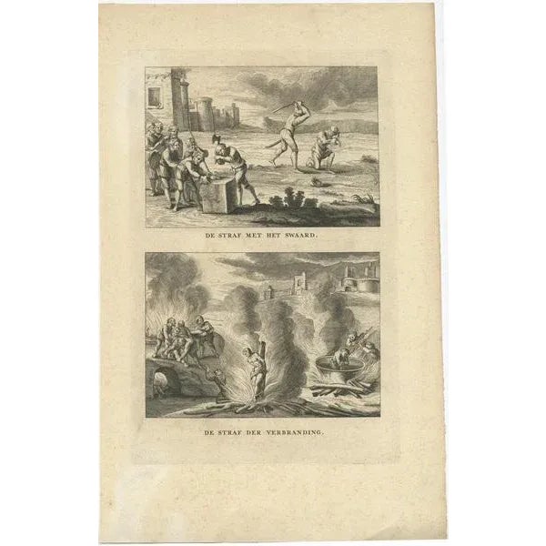 Two religious images on one sheet titled 'De straf met het Zwaard' and 'De Straf der Verbranding'. Punishment with the...