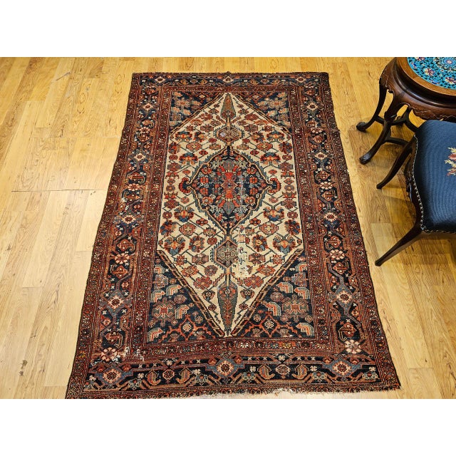 19th Century Antique Malayer Rug, Hand-Knotted Wool, Geometric Pattern, 4x6, Ivory & Navy For Sale - Image 5 of 18