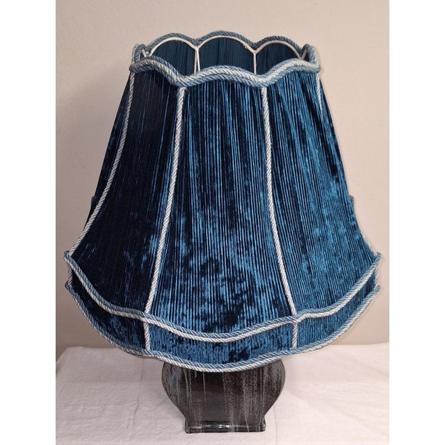 Large Vintage Blue-Grey Gradient Glazed Ceramic Table Lamp with Fabric Shade, 1970s For Sale - Image 6 of 9