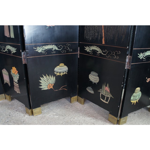 Paint Chinese Coromandel Black Lacquer 8 Panel Folding Screen Room Divider 128" For Sale - Image 7 of 17