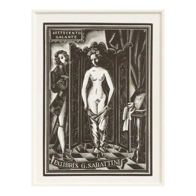 1947 Italian Engraving Bookplate (Ex Libris), Settecento Galante (Matted) For Sale