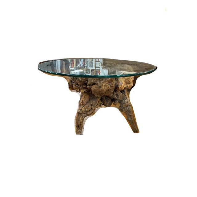 Sculptural driftwood root base supports a beveled round glass top, highlighting the wood’s natural knots, grain, and...