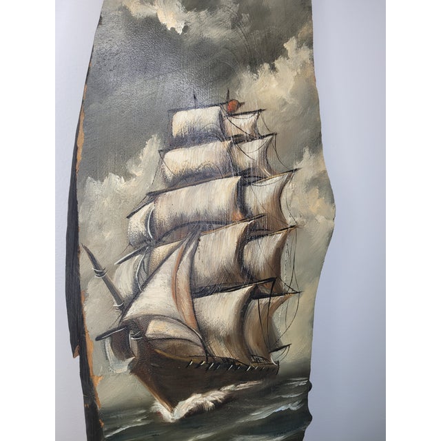 Gray Mid-Century Nautical Ship Oil Painting on Live-Edge Wood Slab-Signed For Sale - Image 8 of 9