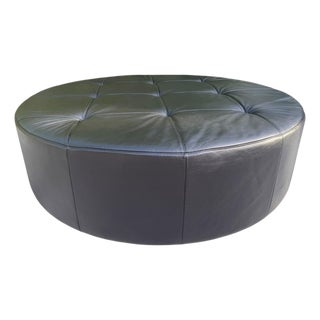 Poltrona Frau Cubo D120 Black Pelle Leather Round Ottoman on Casters For Sale