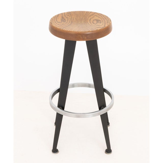 Pair of After Jean Prouve Circular Oak Seat Bar Stools For Sale - Image 9 of 10
