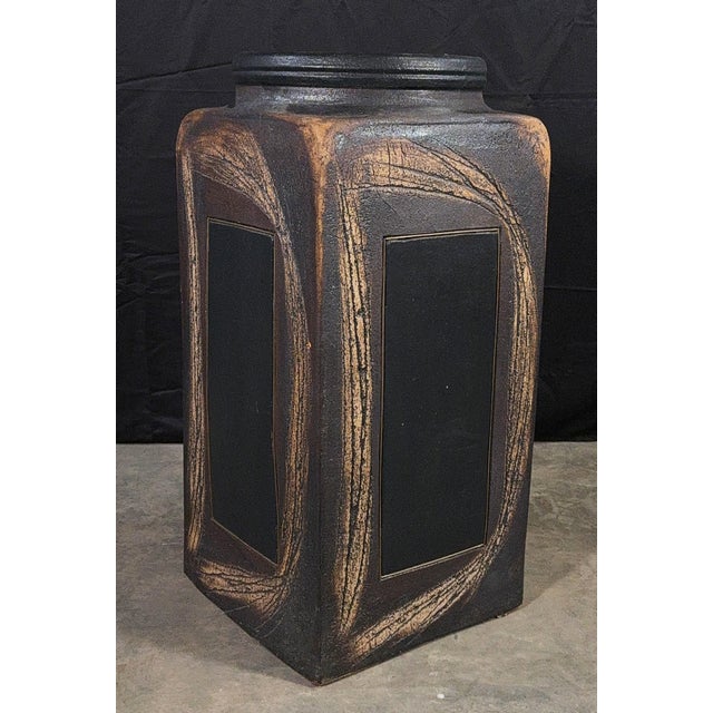 Vintage Brutalist Ceramic Floor Vase With Inlaid Brass Panels, Paul Evans Style, 1970s For Sale In Providence - Image 6 of 13