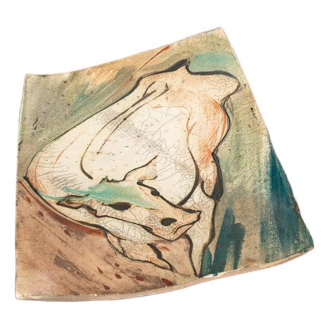 Mid Century Modern Art Pottery Tray Bull Cow Art Ceramic Decorative Raku Fired For Sale