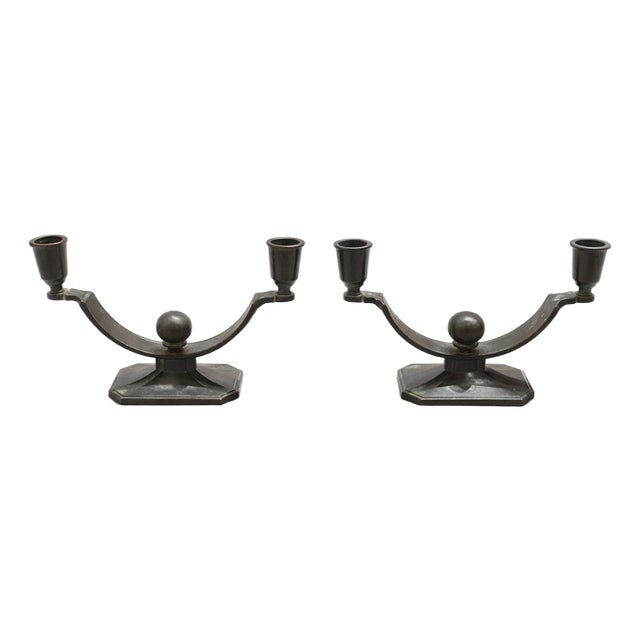 Art Deco Disko Metal Candlesticks by Just Andersen, 1930s, Set of 2 For Sale