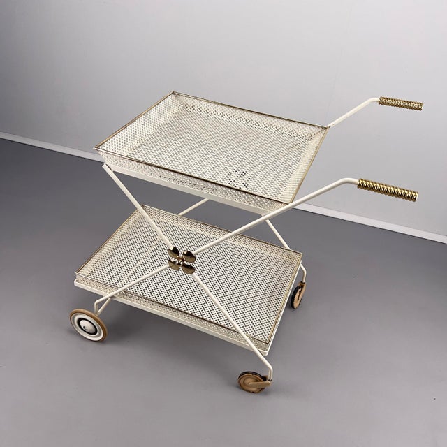 White Serving Trolley in Perforated Sheet Metal attributed to Vereinigte Werkstätten München, Germany, 1950s. For Sale - Image 10 of 11