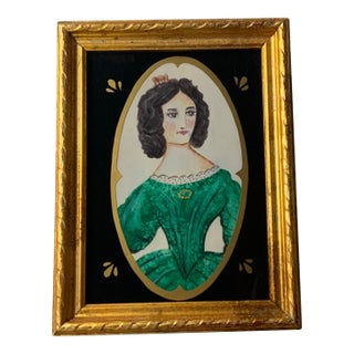 American Folk Art Portrait, Lady in Emerald Green Dress, Gouache on Paper, Original Gilded Frame, Boston Estate, Circa 1920s For Sale
