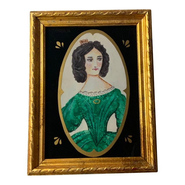 American Folk Art Portrait, Lady in Emerald Green Dress, Gouache on Paper, Original Gilded Frame, Boston Estate, Circa 1920s For Sale