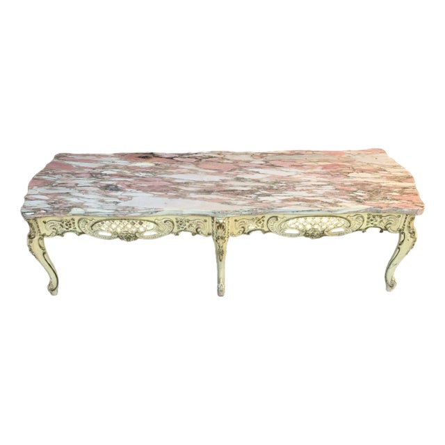 1970s French Provincial Ornate Rococo Louis XVI Pink Marble Coffee French Provincial Ornate Rococo Louis XVI Pink Marble Coffee Table For Sale