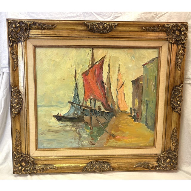 American Early 20th Century Original Framed Oil Painting on Canvas 'Seaside Dock' Attributed to Louise Minert Kelly (American 1876-1945) For Sale - Image 3 of 17