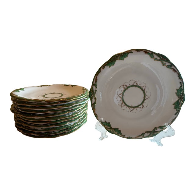 Antique Davenport Longport Porcelain Dessert Service, Green Ivy & Gilt, Pattern 1288 — 13 Pieces For Sale
