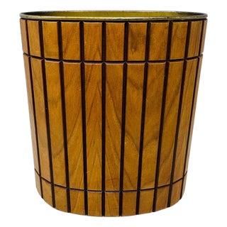 Vintage MCM Gruvwood Walnut Slat Trash Can | Mid Century Modern Wastebasket National Products Louisville Ky | 1964 World's Fair House of Good Taste For Sale