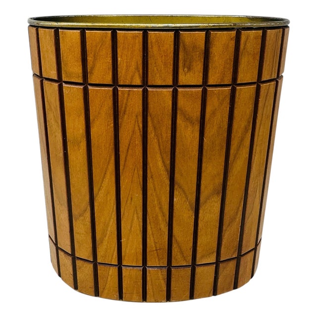 Vintage MCM Gruvwood Walnut Slat Trash Can | Mid Century Modern Wastebasket National Products Louisville Ky | 1964 World's Fair House of Good Taste For Sale