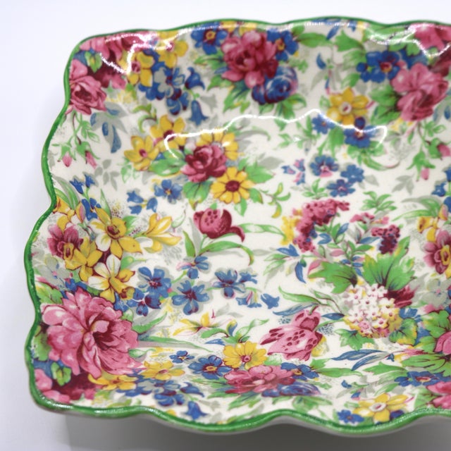 1930s 1930s Art Deco Royal Winton "Summertime" Cintz Ascot Shape Sweet Meat Dish-Green Trim For Sale - Image 5 of 9