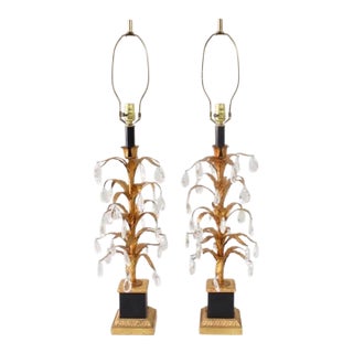 1950s Foliate Italian Tole Hollywood Regency Gold Gilt and Black Pair of Lamps With Crystals - a Pair For Sale