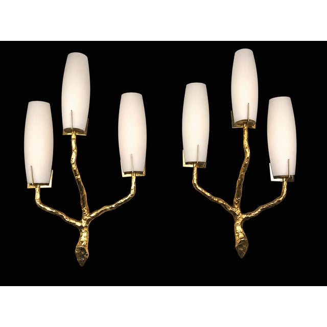 Magnificent pair of gilt bronze wall sconces by arlus france, reminiscent of the work of félix agistuni, veritable plant...