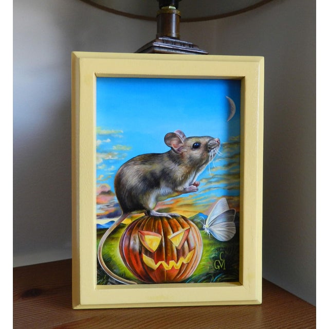 Figurative Harvest Dreams by Claudia Griesbach-Martucci | Oil On Artefex Mouse on a pumpkin with a butterfly. For Sale - Image 3 of 3