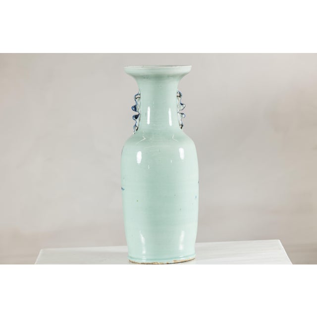 Blue Antique Chinese Blue and White Vase with Figural Scene and Celadon-Toned Glaze For Sale - Image 8 of 18