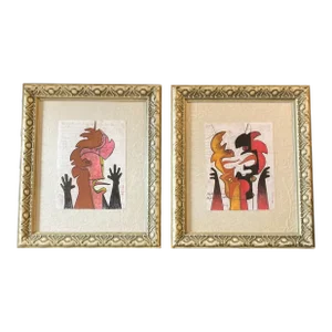 Contemporary 2 Original Wayne Cunningham “Belli Finis” Abstract Pastel Drawings Framed-A Pair
