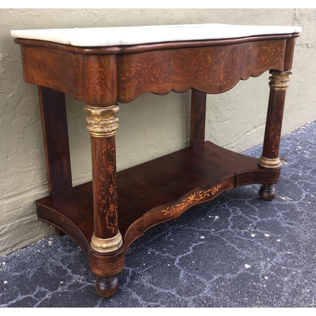20th Century Marquetry Console Table With White Carrara Marble Top