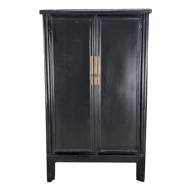 Antique Chinese Qing Dynasty Black Lacquer Elm Wedding Cabinet Armoire Wardrobe For Sale