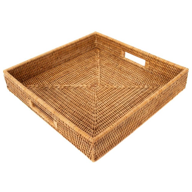 Artifacts Rattan Square Serving Tray with Cutout Handles in Honey Brown - 16" For Sale - Image 10 of 10