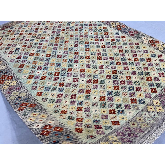Textile 5'1" X 6'10" Multicolor Afghan Chobi Wool Flatweave Kilim Rug For Sale - Image 7 of 16