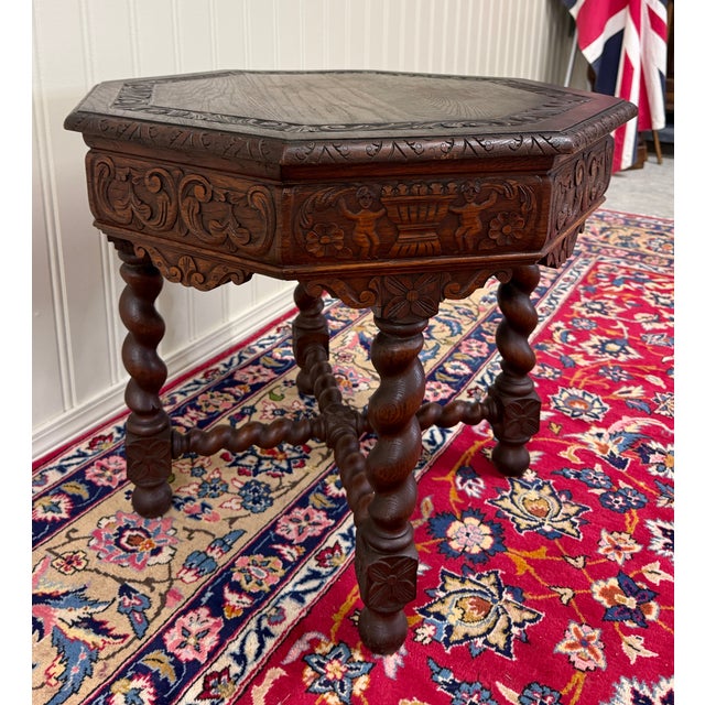 Antique French Octagonal Table Renaissance Revival Barley Twist Oak 24.5"t 19thC For Sale - Image 14 of 18