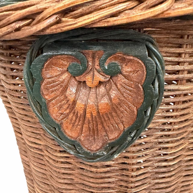 Vintage Tall Wicker Basket, Carved Shell Embellishment, Kindling, Planter, Etc. For Sale - Image 6 of 7