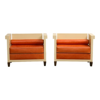 Pair of Jean Michel Frank Style Cream Lacquered Benches With Orange Leather Cushions For Sale