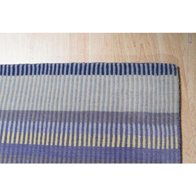 Textile 4x6 Blue Hand-Knotted Wool Striated Bands Geometric Modern Carpet Rug For Sale - Image 7 of 10